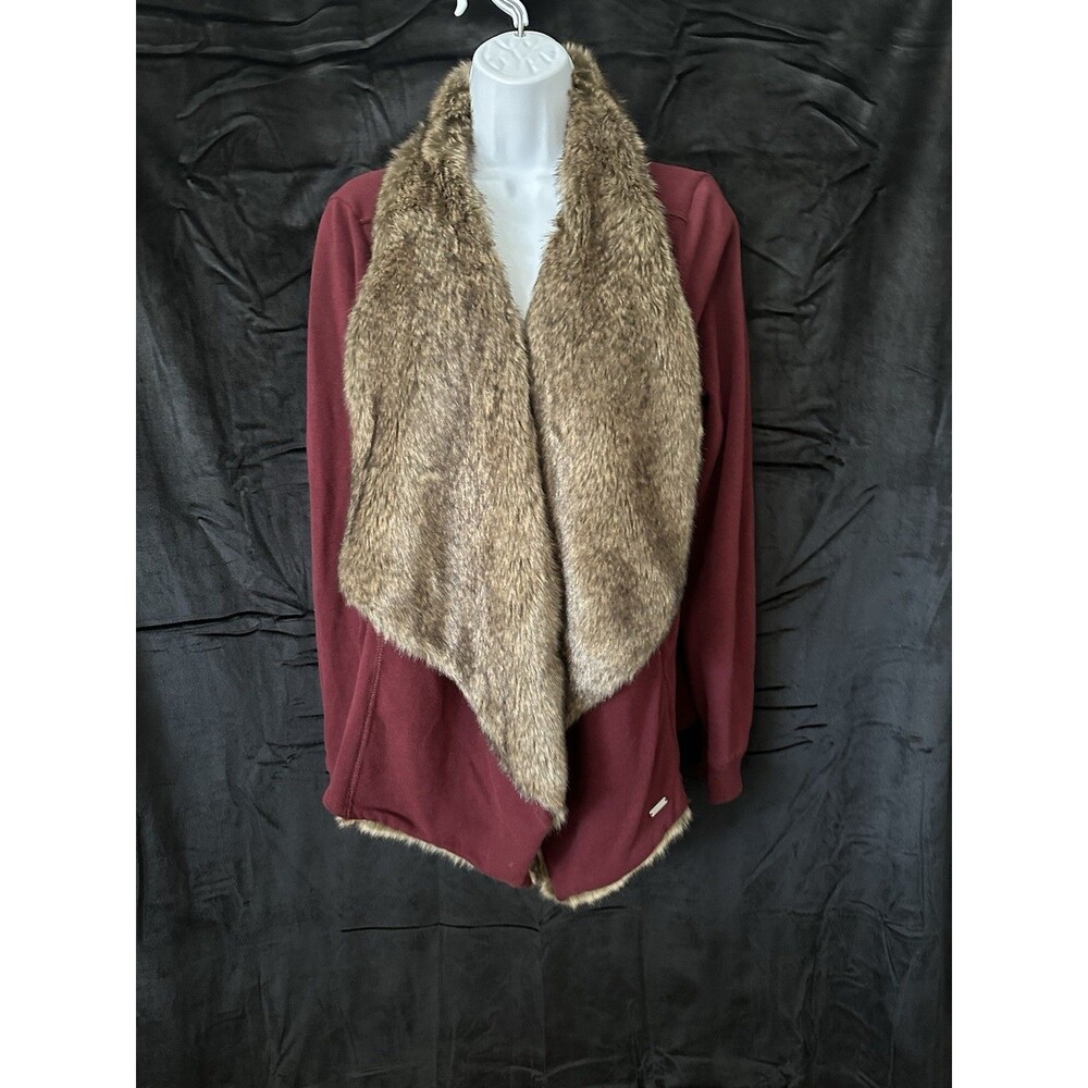 Holister,  Long Sleeve Faux Fur Accent Collar Open Front Burgandy Cardigan Sz L